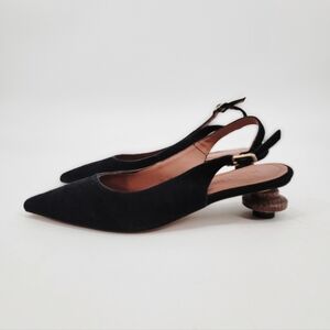 Souliers Martinez Black Pointed Toe Wooden Kitten Heel Slingback Size 8 EU 39